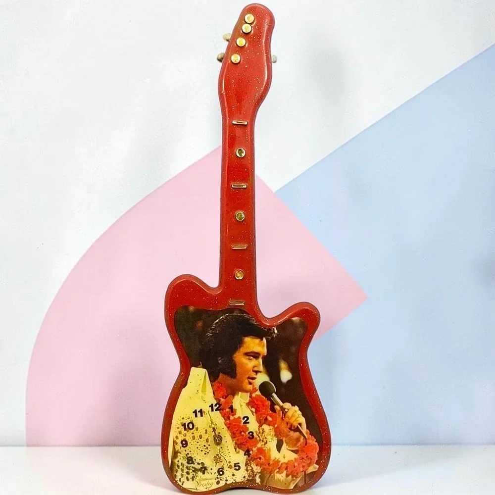 VTG 90s Elvis Presley Guitar Wall Clock Glitter Aloha Hawaii Resin Wood 39